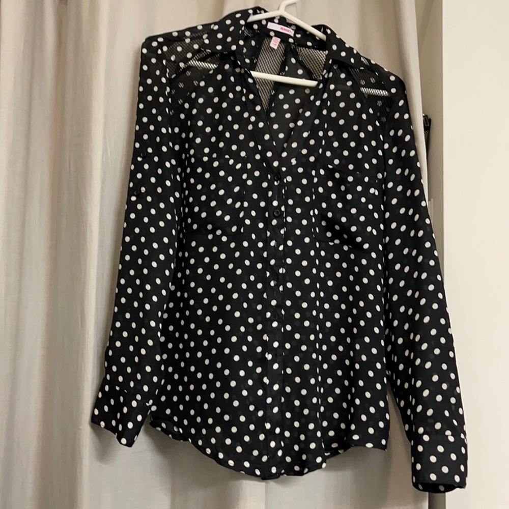 Bongo long sleeved mesh cutout black and white polka dot button up blouse